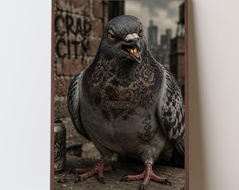 Tattooed Pigeon Print, Funny Urban Bird Street Art, Quirky Graffiti Decor