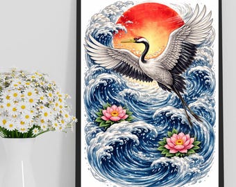 Japanese Crane Print, Irezumi Tattoo Style Poster, Red Sun Waves Artwork, Oriental Bird Illustration