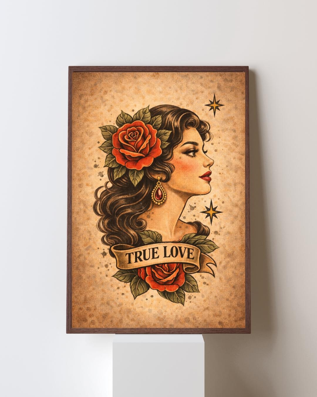 True Love Tattoo Flash Print – Vintage Woman Roses Retro Wall Art ...