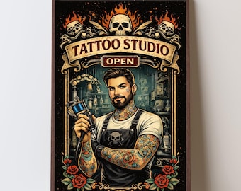 Vintage Tattoo Studio Print – Traditional Flash Art, Tattoo Artist