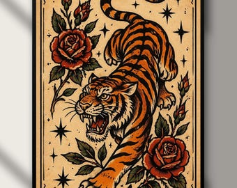 Traditional Tiger Tattoo Flash Print, Vintage Roses, Old School Wall Art Poster