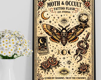 Moth Occult Tattoo Flash Print, Gothic Celestial Tarot Moon Art Sheet Decor