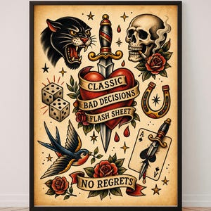 May include: A framed art print featuring traditional tattoo flash designs on a parchment-colored background. Elements include a black panther, a skull with a rose, dice, a horseshoe, a swallow, an ace of spades card with a dagger, and a central heart pierced by a sword with banners reading CLASSIC BAD DECISIONS FLASH SHEET and NO REGRETS.