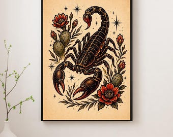 Scorpion Tattoo Flash Print, Desert Western Gothic Wall Art, Cactus Illustration Poster