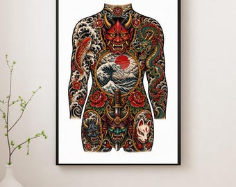 Japanese Irezumi Tattoo Body Suit Print, Hannya Dragon Koi Wave Art Poster