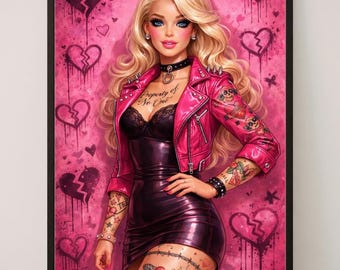 Barbie Inspired Rebel Girl Art Print – Pink Glam Tattooed Fashion Illustration – Barbiecore Wall Art