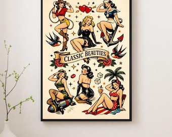 Vintage Pin Up Girls Tattoo Flash Art Print, Classic Beauties Rockabilly Wall Art