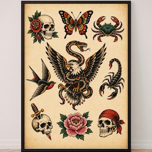 May include: A framed art print featuring a collection of traditional tattoo-style illustrations on a parchment-colored background. The designs include a skull with a rose, a butterfly, a crab, a swallow, an eagle fighting a snake, a scorpion, a skull pierced by a dagger, a peony flower, and a skull wearing a red bandana.