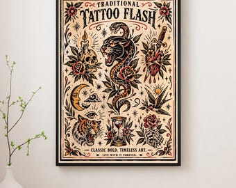 Traditional Tattoo Flash Print, Old School Panther Snake Skull Art