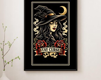 Witch Tattoo Flash Print: Gothic Raven, Roses, Moon Wall Art