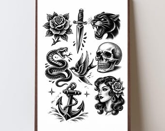 Traditional Tattoo Flash Print – Black & Grey Old School Art Sheet