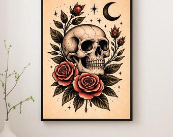 Gothic Skull Rose Print, Tattoo Flash Art Poster, Dark Academia Wall Art