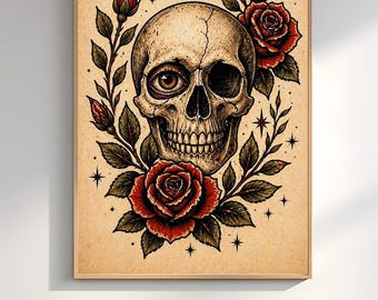 Skull Rose Tattoo Print, Gothic Wall Art, Traditional Flash Poster, Dark Decor