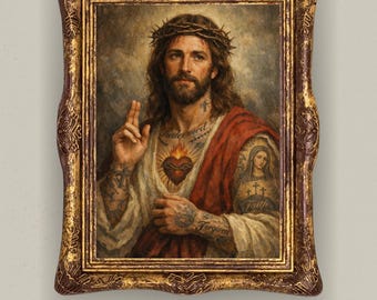Sacred Heart Jesus Print, Tattoo Style Religious Wall Art, Modern Christian Faith Artwork