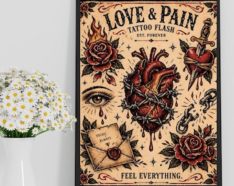 Traditional Tattoo Flash Print, Anatomical Heart Barbed Wire Art, Gothic Quote Poster