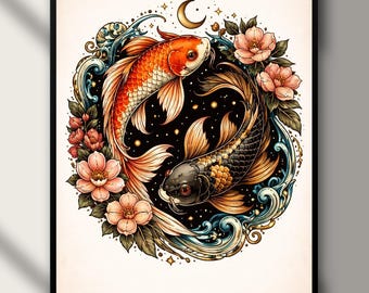 Twin Koi Fish Yin Yang Tattoo Print, Japanese Floral Wall Art Poster
