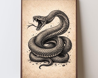 Vintage Snake Tattoo Art Print – Gothic Serpent Wall Decor, Traditional Flash Style Artwork
