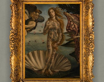 Tattooed Venus Wall Art Print, Birth Of Venus Inspired Poster, Renaissance Nude Painting, Gothic Classical Decor