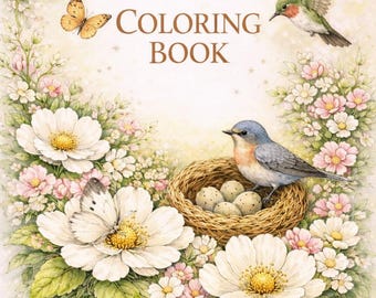 Adult Coloring Book – Soft Meadow Flowers, Birds & Butterflies (Printable PDF)