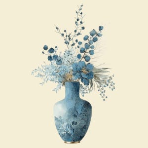 May include: A watercolor illustration of a blue vase filled with blue and white flowers and foliage. The vase has a floral pattern and a gold base. The background is a light beige color.