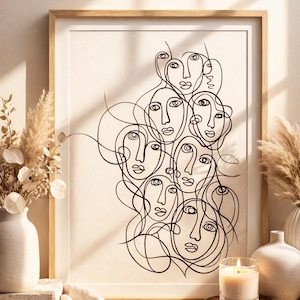 Abstract One Line Faces Art Print, Minimalist Continuous Line Drawing, Modern Neutral Wall Art, Multi-Faces Illustration for Home Decor