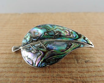 Vintage Made in Mexico Sterling and Shell Leaf Brooch