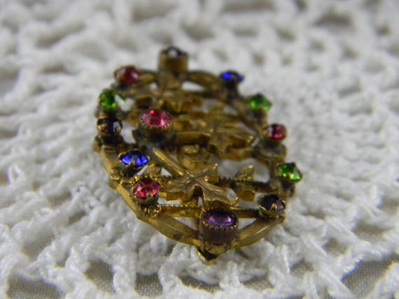 Vintage Art Nouveau Brass Rhinestone brooch multi… - image 3