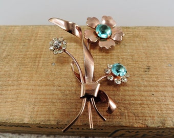 Vintage New old stock Rhinestone Flower copper tone brooch