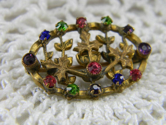 Vintage Art Nouveau Brass Rhinestone brooch multi… - image 2