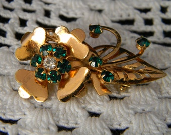 Vintage Flower and Green Rhinestone Brooch St Paddys