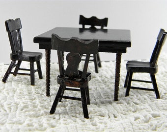 Vintage Handmade Wood Dollhouse Dining Table and Chairs