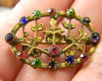 Vintage Art Nouveau Brass Rhinestone brooch multi color