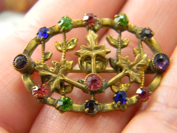 Vintage Art Nouveau Brass Rhinestone brooch multi… - image 1