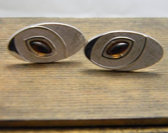 Vintage Silver tone cuff links chocolate stone Mid Century