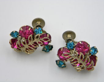 Vintage Pink and Blue Rhinestone screw on earrings silver tone leaf