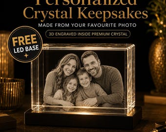 3D Photo Crystal Rectangle with LED Base, Personalized Engraved Keepsake, Memorial Gift, Custom Photo Gift