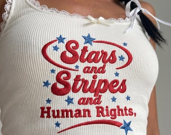 Embroidered Stars And Stripes And Human Rights Tank Top, Retro Patriotic Americana Cami, Feminist Fourth Of July Outfit Gift