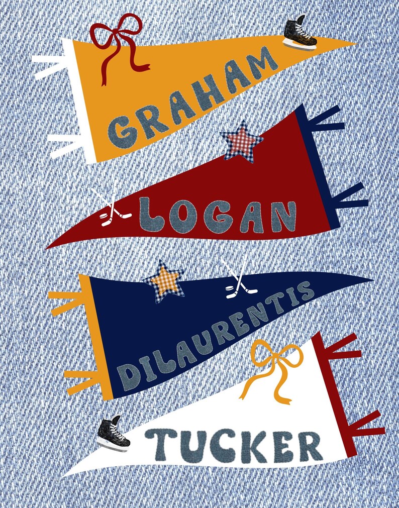 May include: Four pennant flags with names: Graham, Logan, DiLaurentis, and Tucker. The flags are in orange, red, navy blue, and white, with decorative elements like stars, bows, and a sneaker. The background is a denim texture.
