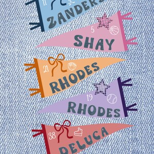 May include: Five colorful pennant flags with names and numbers, set against a denim background. Each pennant features a different color, name, and number, along with sports-themed icons like a hockey stick, basketball, baseball, and ice skate.