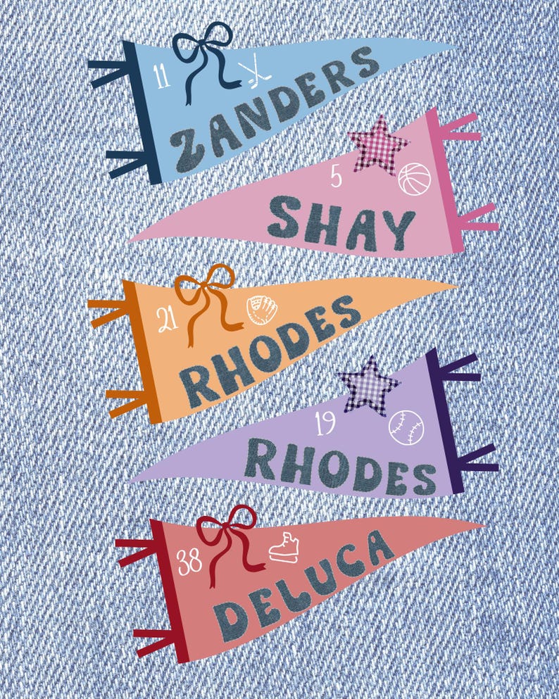 May include: Five colorful pennant flags with names and numbers, set against a denim background. Each pennant features a different color, name, and number, along with sports-themed icons like a hockey stick, basketball, baseball, and ice skate.
