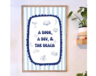 Beach Reading Art Print, Summer Bookish Art, Coastal Girl Style (Digital Download)