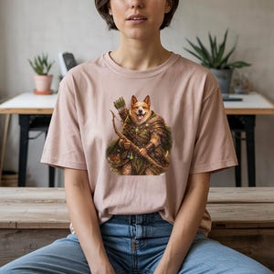 Koszulka z psem Fantasy Ranger z lisem, prezent dla miłośnika psów DnD, prezent dla psa RPG, koszulka Heeler Fantasy Art, prezent dla psa gracza