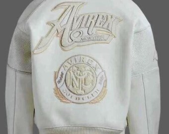 Giubbotto bomber in pelle bianca Avirex: Biker in pelle di mucca ricamata Gold Club