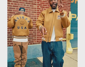 Giubbotto bomber in pelle Avirex x Timberland da uomo: streetwear in pelle di mucca