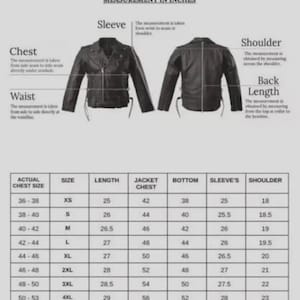 May include: A size chart for jackets, with measurements in inches. The chart includes chest, waist, sleeve, shoulder, and back length measurements. Sizes range from XS to 4XL, with custom options available. The chart also shows jacket chest and bottom measurements.
