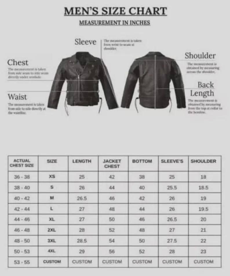 May include: A size chart for jackets, with measurements in inches. The chart includes chest, waist, sleeve, shoulder, and back length measurements. Sizes range from XS to 4XL, with custom options available. The chart also shows jacket chest and bottom measurements.