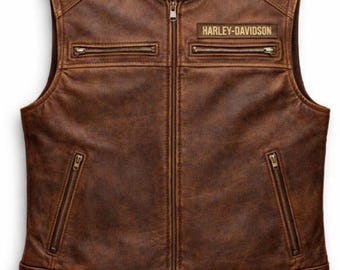 Gilet da motociclista Harley Passing Link da uomo fatto a mano, in pelle marrone Davidson