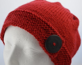 Red Wool Button Brim Beanie, Cloche Hat with Large Button, Hand Knit Winter Beanie, Bright Red Wool Hat