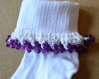 Purple Beaded Socks, Beaded Socks for Girls, Cute Bobby Socks for Toddlers, Summer Ankle Socks