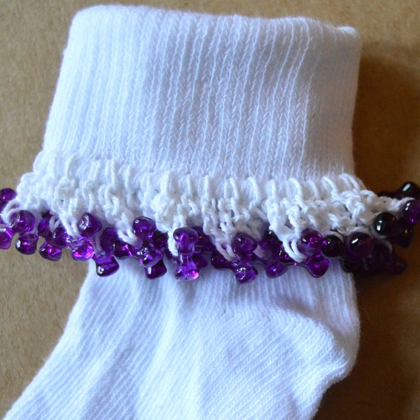 Purple Beaded Socks, Beaded Socks for Girls, Cute Bobby Socks for Toddlers, Summer Ankle Socks